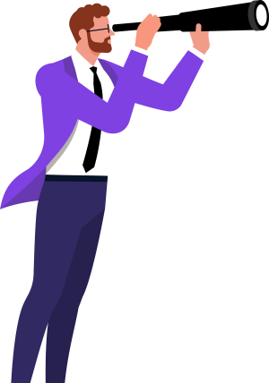 Illustration einer männlichen Person, die aufrecht steht und durch ein Fernglas schaut.